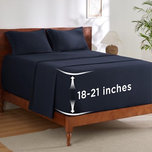 Image of Bedsure Deep Pocket King Sheet Set - Fits Mattresses Up to 21 Inches Thick - 4 Piece GentleSoft Bed Sheets, Moisture Wicking, Soft & Cooling Bedsheet & Pillowcases, Easy & Secure Fit, Navy