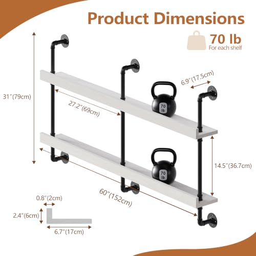 Image of Bar Shelves, Wall Mounted Wine Rack, White, 60 Inch | 2 Tier, Industrial, Solid pine shelves, black pipe brackets, 70 lbs per shelf, wine, liquor, bar decor, with LED light