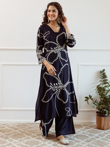 Image of INDO ERA Women Viscose Rayon Floral Embroidered Straight Kurta & Pant Set (IEOUT6941)