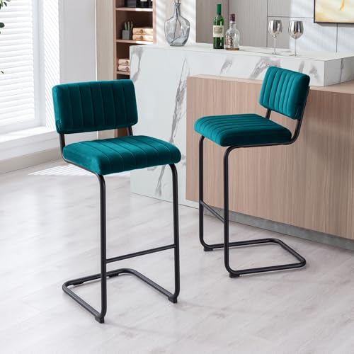 Image of ONEVOG 30 Inch Seat Height Teal Bar Stools Set of 2, Mid-Century Modern Cantilever Bar Chairs for Counter Kitchen Islands, Upholstered Velvet Fabric Barstools with Back and Matte Metal Legs, Teal