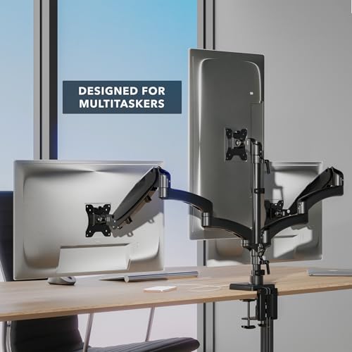 Image of Mount-It! Triple Monitor Mount, 3 Monitor Desk Mount with Gas Spring Arms, Fits 13-32 Inch Screens up to 17.6 lbs per Arm, VESA 75 & 100, Clamp or Grommet Base, USB-A & C Ports, Black
