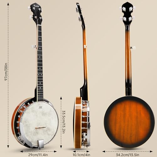 Image of Banjo, Kmise 5 String Beginner Banjo 38 inch Full Size with Remo Head Closed Back with Removable Resonator, Tuner, Strings, Finger Picks, Strap, Bag, Accessories Set Gift Choice for Adults Beginner