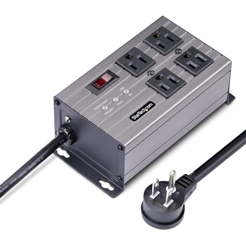 StarTech.com Flat Plug 4-Outlet Heavy Duty Industrial Power Strip 125V/15A with Surge Protector, EMI/RFI Isolation, Mountable PDU, 8ft/2.4m Extension Power Cord, NEMA 5-15P/R, TAA
