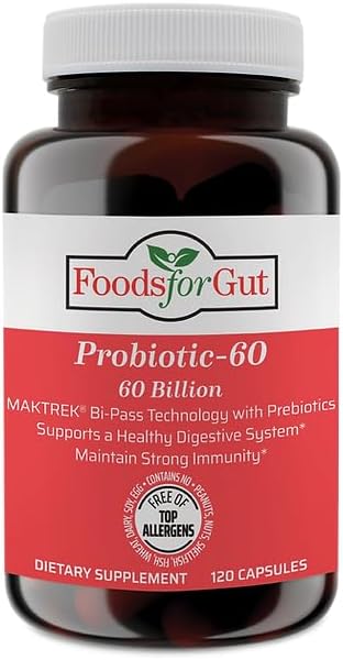 Miniatura 1 de Foods For Gut Cápsulas probióticas de 60 mil millones de ufc  Tecnología MAKTrek Bipass  Apoyo digestivo e inmunológico 120 cápsulas