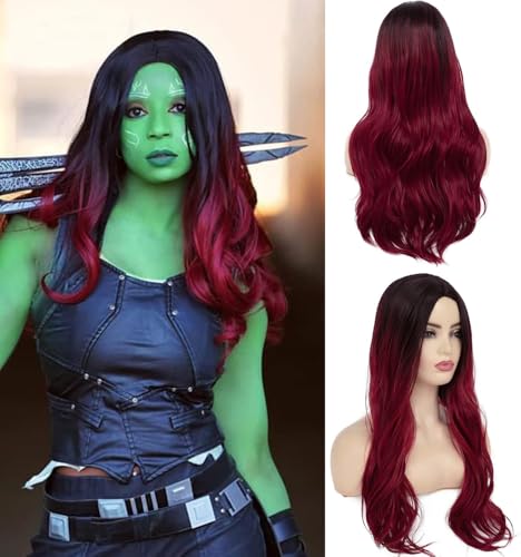YEESHEDO Perruque Gamora pour femme, cheveux longs ondulés couleur rouge foncé ombré, pour cosplay, déguisement d'Halloween