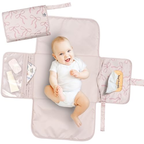 Image of Tiny Twinkle Portable Diaper Changing Pad | Waterproof, Wipeable & Compact Baby Changing Pad for Travel | Smart Wipes Pocket & Organized Storage| Newborn Shower Gift (Bows)