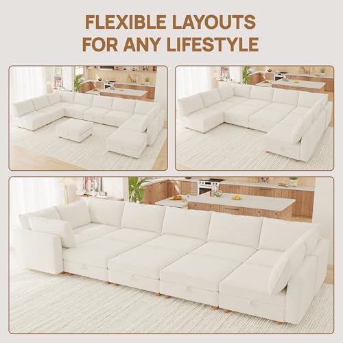 Image of 99 inch Modular Sectional Sleeper Sofa Bed with Storage & Washable Covers, 10-Seater Chenille Modular Sofa Bed with Movable Ottoman Chaise, Convertible Sleeper Sectional Couches for Living Room, Beige
