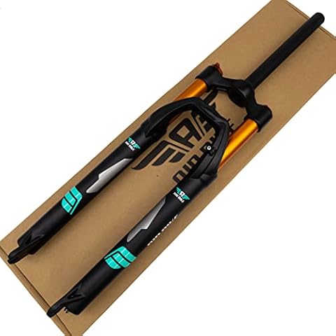 Air Bike 29 Inch Air Fork Mountain Bike Suspension Fork, 120mm Travel & Rebound 1 1/8 inch Threadless Straight Steerer Disc Brake Compatible, Air Suspension System, Black and Gold Cover