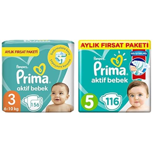 Prima Aktif Bebek, Bebek Bezi 3 Numara, 156 Adet Aylık Fırsat Paketi ve Prima Aktif Bebek, Bebek Bezi 5 Numara, 116 Adet Aylık Fırsat Paketi