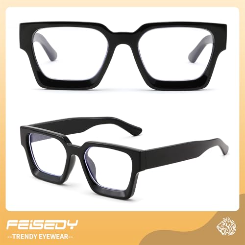 Image of FEISEDY Retro Blue Light Blocking Glasses for Women Men 90s Classic Rectangle Frame Thick Chic Computer Eyeglasses B2383R
