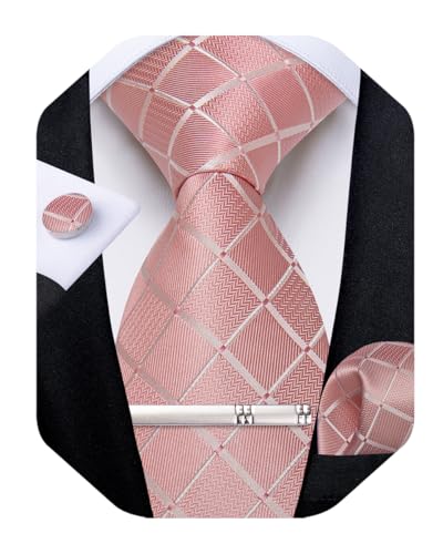 Image of DiBanGu Mens Silk Plaid Tie and Pocket Square Set | Elegant Silk Formal Tie Set, Woven Check Necktie and Cufflinks Tie Clip Set, Perfect for Wedding Party, Comes in Gift Box