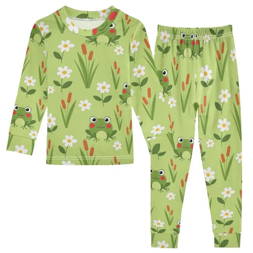 Pajama Sets Long Sleeve Frogs Flowers Grass Background Soft Comfy Sleepwear 2 Piece PJS 3-8T
