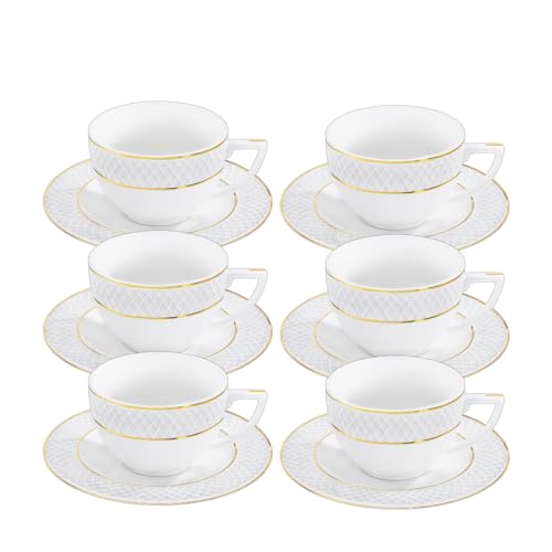 Wilmax - Tazze con piattini - motivo dorato - set da 6-90 ml - tazze da caffè in porcellana - bianco - servizio da tavola per 6 persone - set di tazze per caffè, tè, dessert