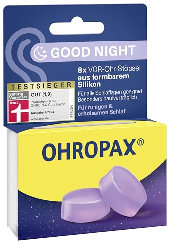 OHROPAX Good Night Ohrstöpsel – VOR-Ohr-Stöpsel aus formbarem Silikon – für alle Ohren und alle Schlafpositionen geeignet – Schalldämmwert SNR 23 dB – für einen ruhigen und erholsamen Schlaf – 8 Stück