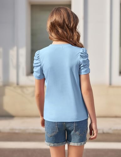 Image of Arshiner Girls Puff Short Sleeve Shirts Summer Ribbed Knit Crewneck T Shirt Tops Tee Blouse