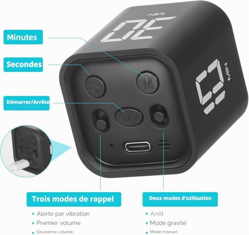 Mokeum Minuteur de Cuisine, Minuterie à Induction de Gravité, Minuteries de Cuisine Numériques écran LED, pour Le Travail, Les études, Les réunions, la Cuisine, Le Fitness (Blanc) – vue 5