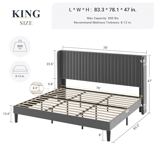 Allewie King Size Velvet Bed Frame/Vertical Channel Tufted Wingback Headboard/Upholstered Platform Bed/No Box Spring Needed/Strong Wooden Slats/Easy Assembly/Grey