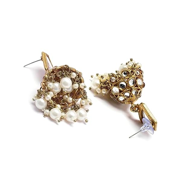 ZENEME Gold-Plated Kundan & Pearls Studded Dome Shaped Mirror Jhumka Earrings For Girls and Women - Image 7