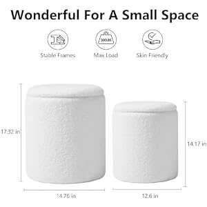 Round Boucle Upholstered Ottoman with Storage Set of 2 Vanity Stool Foot Rest with Removable Lid White Tall Ottomans Chair for Living Room Pouf Footstool,Gifts Round Boucle Upholstered Ottoman with Storage Set of 2 Vanity Stool Foot Rest with Removable Lid White Tall Ottomans Chair for Living Room Pouf FootstoolGifts