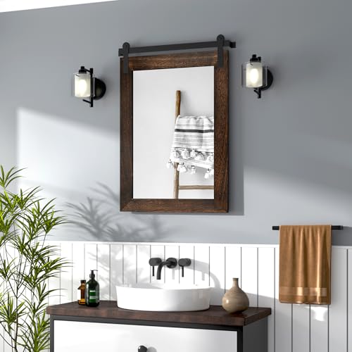 Image of COGOOD Farmhouse Barn Door Mirror - 22 inch x 30 inch Rustic Wood Framed Wall Mirror for Bathroom, Living Room, Entryway Wall Decor (Black Brown)
