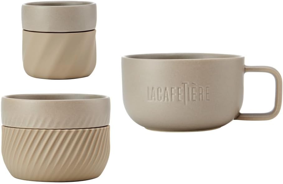 La Cafetière 3pc Coffee Lovers Family Mug Gift Set, with 38ml, 2ml & 1ml Stackable Mugs with Silicone Sleeves for Easy Grip, Almond