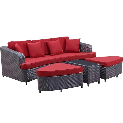 Image of BRISHI Outdoor /Pool Side /Garden /Balcony /Porch /Backyard /Terrace /Patio /Beach /Rectangular Sofa Sunbed Wicker and Rattan Daybed (Brown /Red)