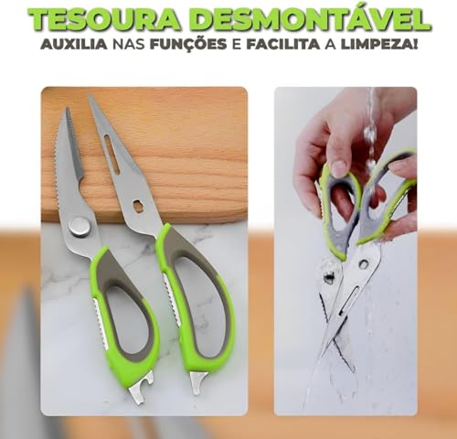 Tesoura De Cozinha Desmontável Aço Inox Cortar Alimentos Frango Peixe Multiuso-Vende Mais (Verde)