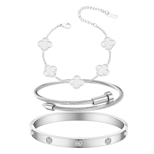 KIOGIU Womens Bracelet 18K Gold Plated Cuff Bangle Clover Bracelet Set for Women Four Leaf Lucky Bangle Jewelry Gift of Love (Silver White, 7")