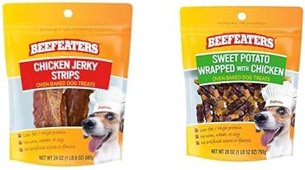 Beefeaters Dog Treats Bundle: Chicken Jerky Strips 24oz & Sweet Potato Wrap with Chicken 28oz - Natural, Grain-Free Training Treats
