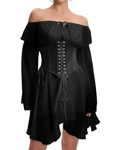 Image of Womens Corset Dresses Off Shoulder Bell Sleeve Casual Party Fairy Two Piece Outfits Bustier Dress