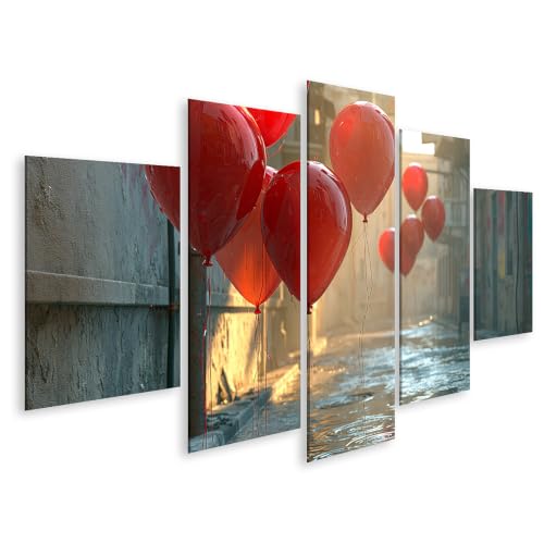 Tableau sur toile mystérieux ballons rouges en 5 pièces au design panoramique