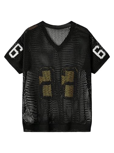 SHENHE Men's Hollow Out Pullover Sweater Letter Graphic Short Sleeve V Neck Knit Sweater Top2