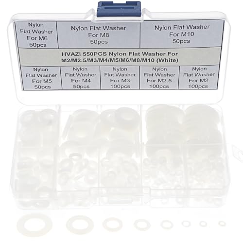 HVAZI 550PCS Nylon Flat Washer Assortment Kit for M2 M2.5 M3 M4 M5 M6 M8 M10 Screw/Bolt(White)