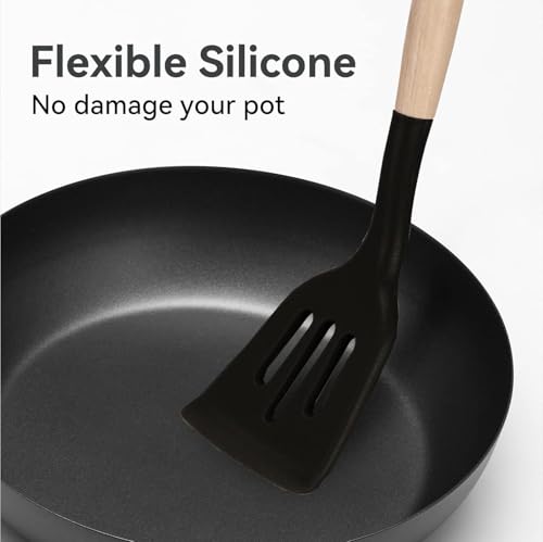 Image of Silicone Spatula Set, Spatula Set with Wooden Handle for Cooking and Mixing, for Non Stick Pan, Kitchen Tools Set of (5, Black)