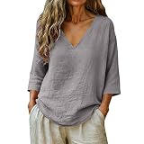 Linen Cotton Tops for Women Plus Size Summer Gauzy Shirts 3/4 Sleeve V Neck Blouses Dressy Casual Tunic Loose Clothes Amazon Coastal Style Womens Clothes Light Gray