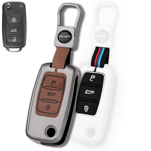 Image of KEYCEPT Premium 3 Button Remote flip Key Shell Compatible for Skoda Octavia, Laura, Superb, Fabia, Rapid, Polo, Vento, Jetta, Ameo, Passat. (Metal Dual Black & Tan)