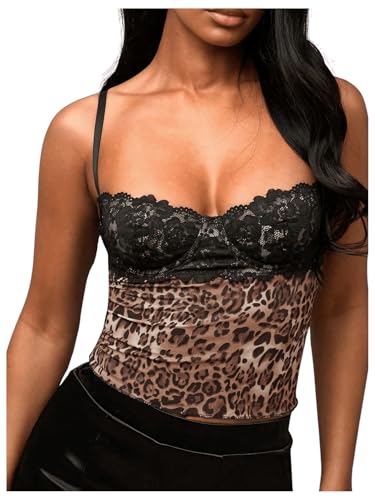 SOLY HUX Women's Floral Lace Trim Camisole Spaghetti Strap Fitted Shirt Top Summer Crop Cami Tops