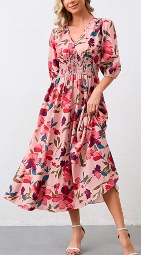 Image of Kormei Women Casual Boho V Neck 3 /4 Sleeve Smocked Waist A Line Flowy Swing Midi Dress Smocked Long Dress