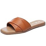Athlefit Women's Summer Flat Sandals Slip On Square Toe Soft Leather Slide Brown Sandals Size 10