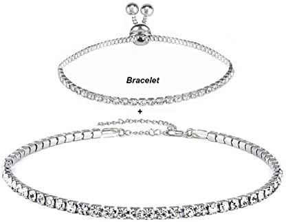 1 Row Rhinestone Choker Necklace Adjustable Brass Chain Crystal Choker for Women Silver Tone with Bracelet