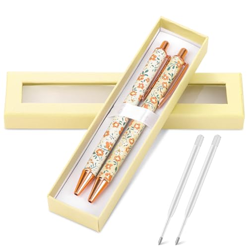 2pcs Floral Pens, Fancy Flower Ballpoints Pens&Box Chic White+Yellow-Small Flower Print Pens Pretty Pens for Women Girls Metal Retractable Black Ink Pen Writing Journaling Teacher Mother Wedding Gifts