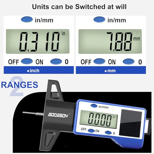 Image of GODESON Digital Tire Tread Depth Gauge - Solar & Battery Hybrid, Inch /MM Modes, 1 inch /25.4mm Range, Blue Accurate Tread Depth Gauge Tool for Cars, Trucks & Motorcycles Tire Wear Check