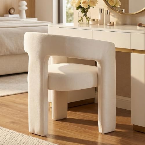 Image of HNY Modern Barrel Kitchen & Dining Room Chair, Chenille Upholstered Accent Chair with Arm, 18.5'' Wide Side Armchairs Vanity Chairs for Living Room Bedroom Makeup Small Spaces, White