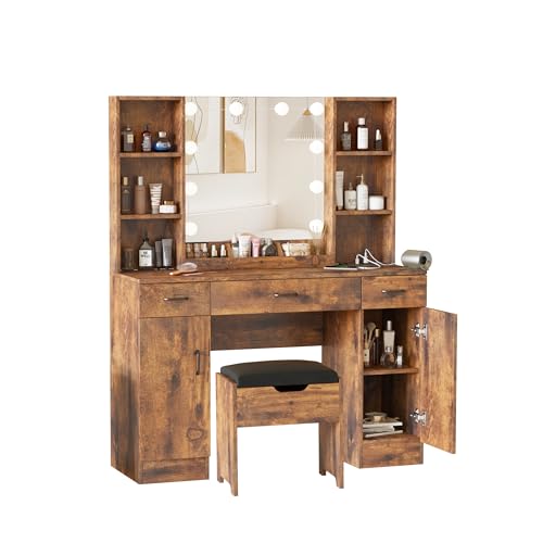 Halitaa Makeup Vanity Table with Lighted Mirror & Power Outlets Large Vanity Set Vanity Desk with Storage Stool 3 Lighting Modes Brightness Adjustable 45inch Rustic Brown