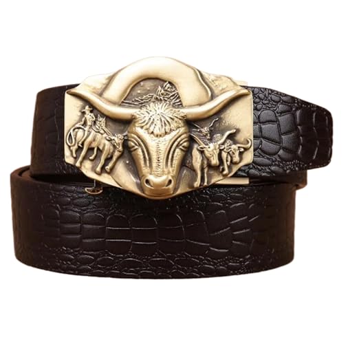 Ratchet Cowboy Western Belts for Men, Genuine Leather Belts with Automatic Buckle Dress Belt for Jeans Wear (35Mm),Brown,130CM/51.2''