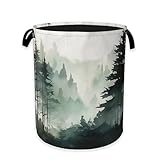 Foggy Forest Mountain Laundry Hamper,Watercolor Tree Clothes Hamper for Laundry,Waterproof Oxford Toy Storage Collapsible Hampers for Bedroom, Dorm Room,Bathroom,16x20 Inch