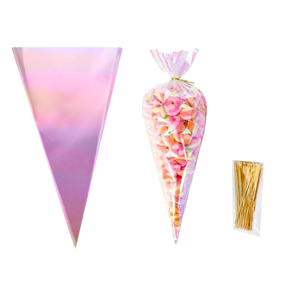 MAOUYWIEE Cellophane Treat Bags,50 Pieces Iridescent Holographic Cellophane Goody Bags Triangle Goody Bags with Twist Ties for Candies Handmade Cookies 6.3x11.8 inches