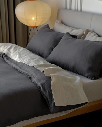 Image of XZ XIFA 100% Washed French Flax Linen Duvet Cover Set - 3 Pieces, Cooling & Textured Farmhouse Bedding for Hot Sleepers, with Zipper Closure (Dark Gray, Full)