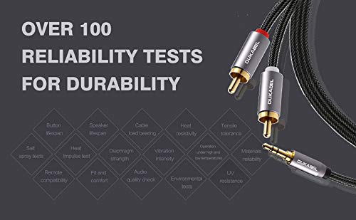 DUKABEL Top Series Long RCA Cables (8 Feet / 2.4 Meters), 2-Male RCA to 3.5mm AUX Audio Cable with Crystal-Nylon Braided/ 24K Gold Plated/ 99.99% 4N OFC Conductor