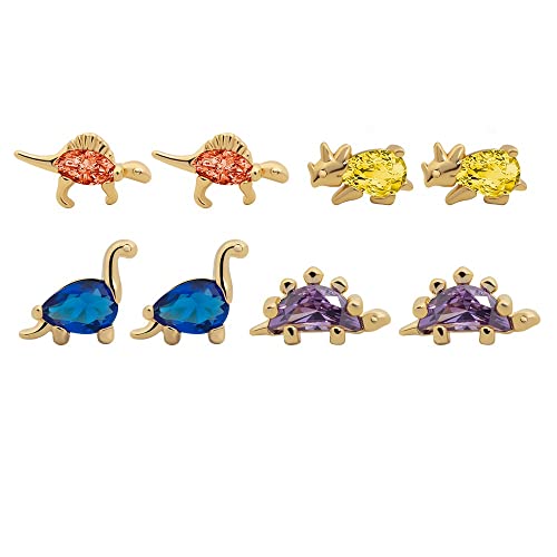4Pairs Cute Dinosaur Stud Earrings colorful Cubic Zirconia Tiny Animal Earrings Necklace Set for Women-4 Pairs Zirconia A